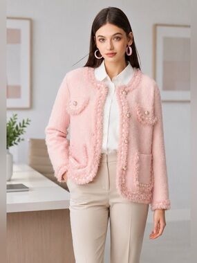💖 BOUTIQUE Classic Pink Tweed Pearl-Button Jacket